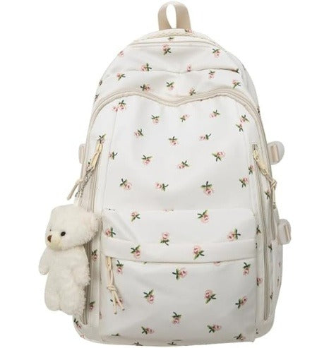 Nylon Backpack with Floral Cherry Print and Bear Charm – Everyday Backpack