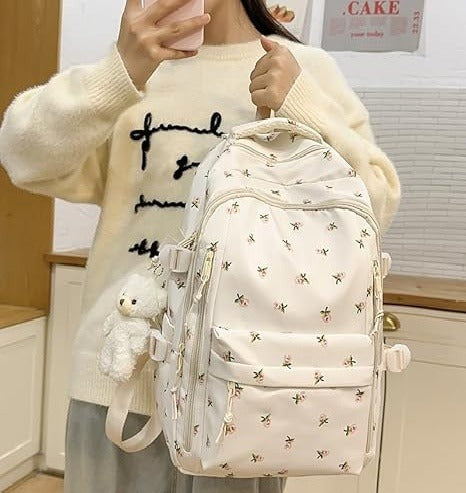 Nylon Backpack with Floral Cherry Print and Bear Charm – Everyday Backpack