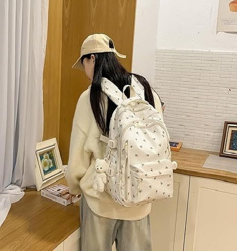Nylon Backpack with Floral Cherry Print and Bear Charm – Everyday Backpack