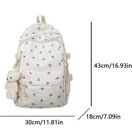 Nylon Backpack with Floral Cherry Print and Bear Charm – Everyday Backpack